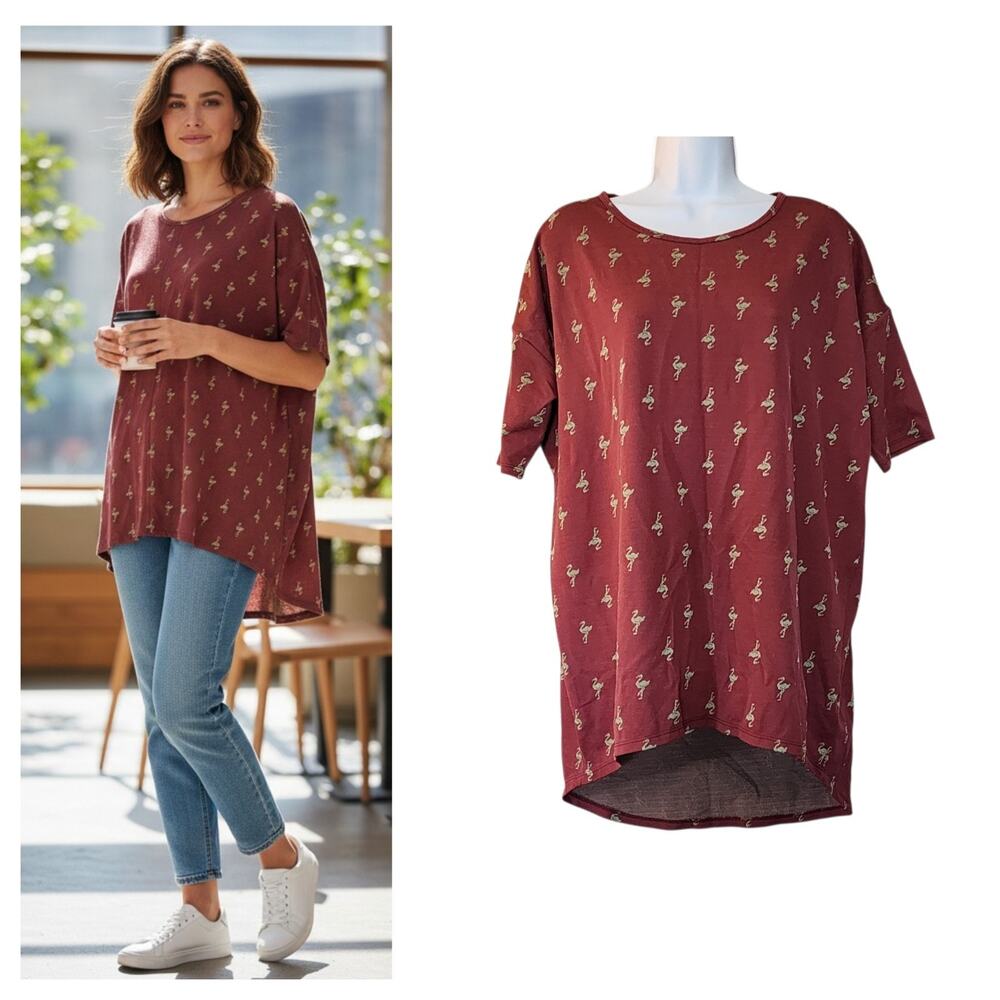 LuLaRoe Womens High-Low Tunic Tee Size XS Maroon Flamingo Pattern Short Sleeve